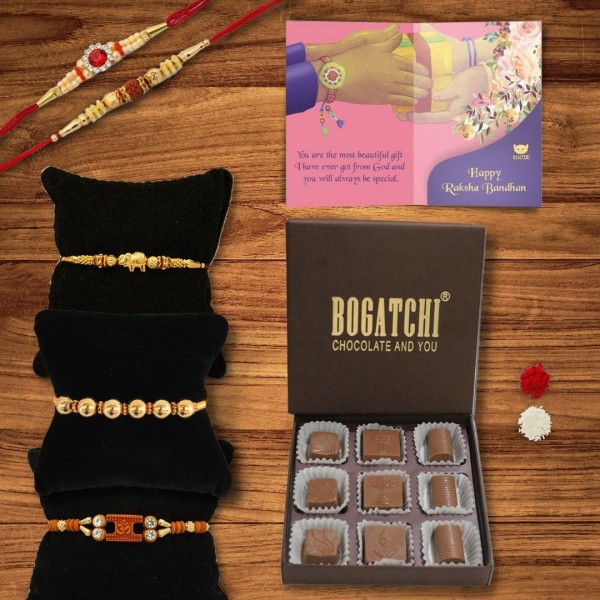 BOGATCHI 9 Chocolate Box 5 Rakhi Roli Chawal and Greeting Card B | Rakhi gifts | Rakhi with Gift Combo 